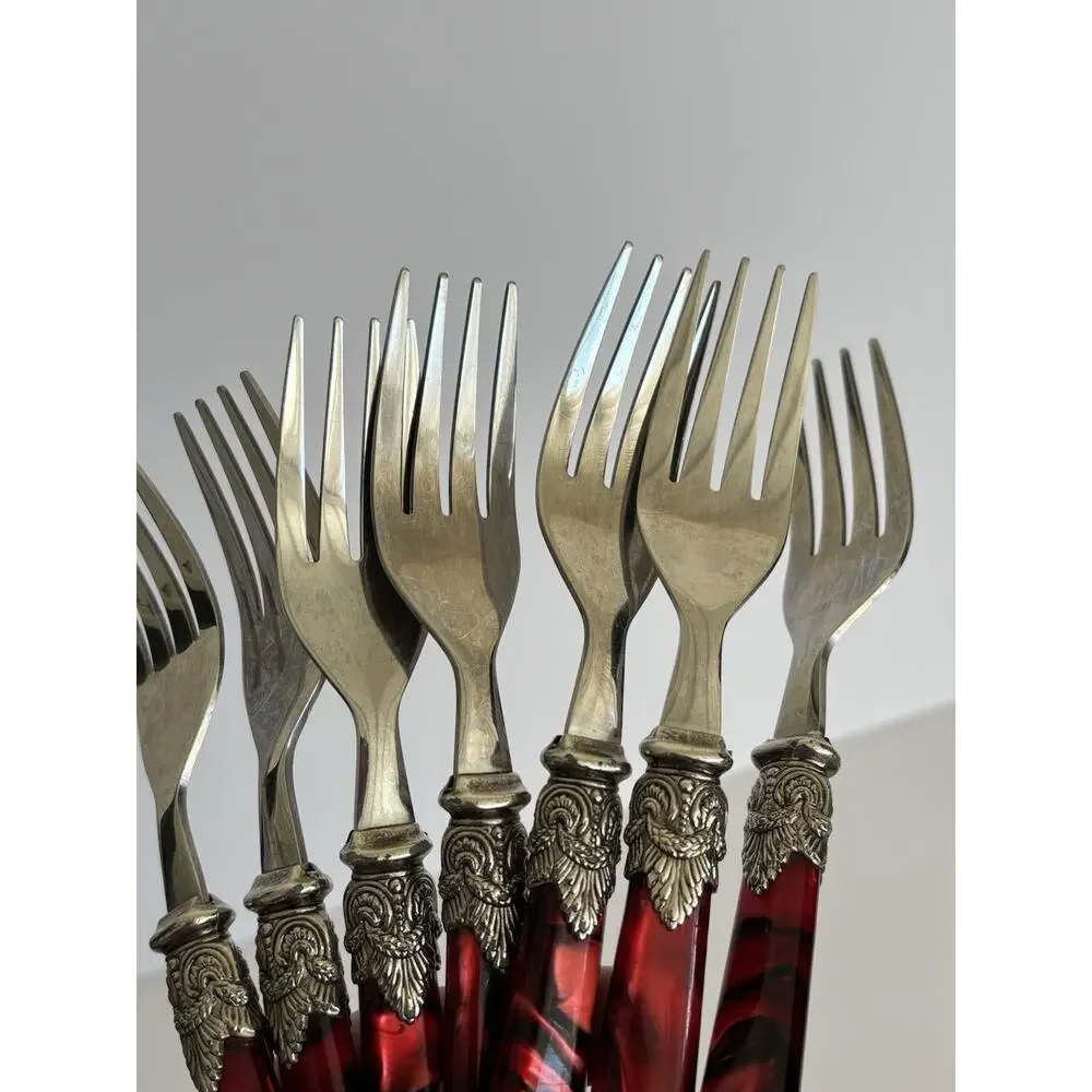 Vtg Forks Stainless 18/8 Flatware Red Mother Pearl Pattern 7 Pcs Preowned